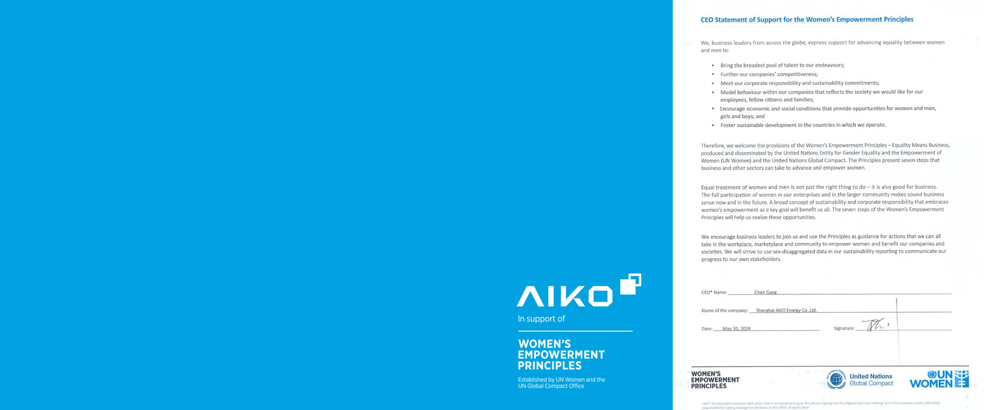 AIKO - Firma de los WEP, Promoviendo la Igualdad de Género y un Futuro Sostenible